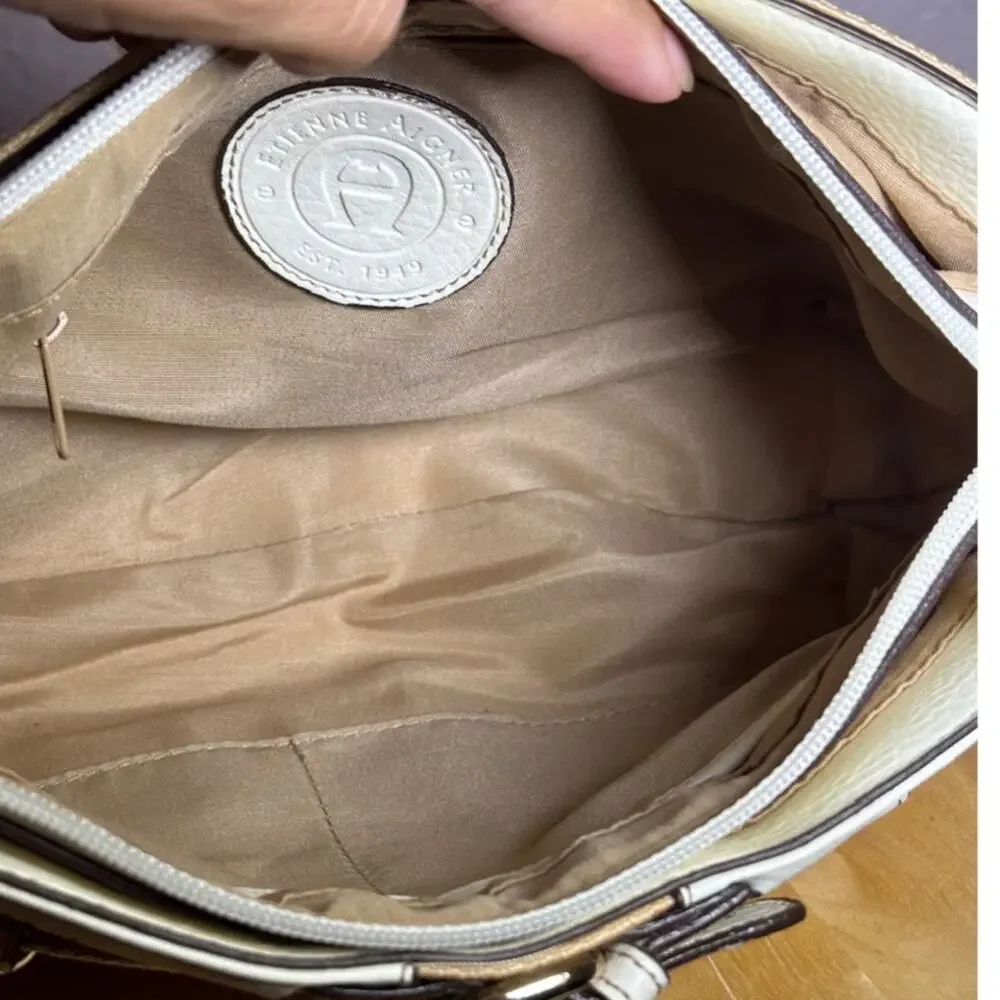 Etienne Aigner White and Tan Textile Woven Shoulder Bag
